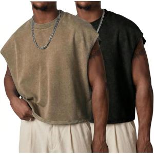 Arssm Men’s Crop T Shirts Acid Wash Tank Top Dolman Sleeve Vintage Crewneck Loose Pullover Top(Black+brown)