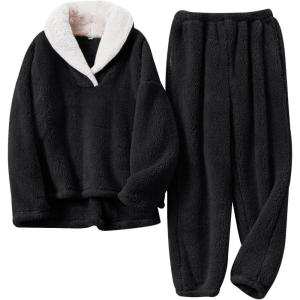 Arssm Mens Fluffy Pajamas Set 2 Piece Fleece Pjs Loose Plush Winter Warm Cozy Loungewear Sleepwear(Black)