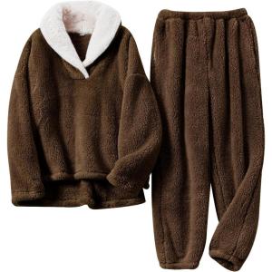 Arssm Mens Fluffy Pajamas Set 2 Piece Fleece Pjs Loose Plush Winter Warm Cozy Loungewear Sleepwear(Brown)
