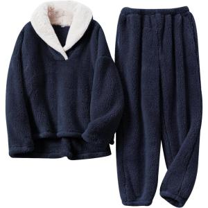 Arssm Mens Fluffy Pajamas Set 2 Piece Fleece Pjs Loose Plush Winter Warm Cozy Loungewear Sleepwear(Darkblue)