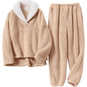 Arssm Mens Fluffy Pajamas Set 2 Piece Fleece Pjs Loose Plush Winter Warm Cozy Loungewear Sleepwear(Khaki)