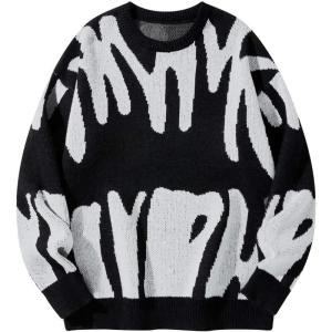 Arssm Men’s Oversized Sweater Graphic Knit Aesthetic Crewneck Streetwear Pullover Jumper Tops(Black)