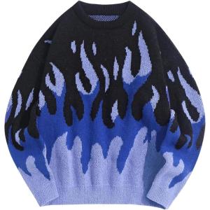 Arssm Men’s Oversized Sweater Graphic Knit Aesthetic Crewneck Streetwear Pullover Jumper Tops(Blue)