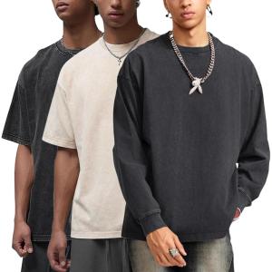 Arssm Mens Oversized T Shirts Cotton Acid Wash T-Shirts Baggy Vintage Tees Loose Fit Heavyweight Streetwear Tops(Black+beige-black)