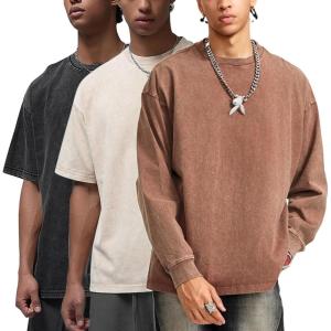Arssm Mens Oversized T Shirts Cotton Acid Wash T-Shirts Baggy Vintage Tees Loose Fit Heavyweight Streetwear Tops(Black+beige-khaki)