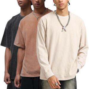 Arssm Mens Oversized T Shirts Cotton Acid Wash T-Shirts Baggy Vintage Tees Loose Fit Heavyweight Streetwear Tops(Black+khaki-beige)