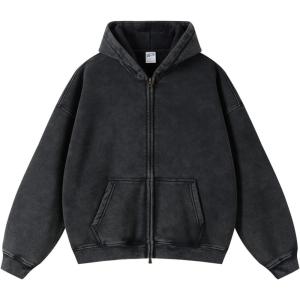 Arssm Mens Oversized Zip Up Hoodies Jackets Fleece Vintage Acid Wash Cotton Heavyweight Distressed Sweatshirt(Black)