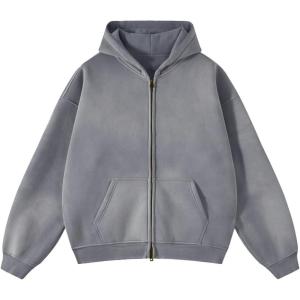 Arssm Mens Oversized Zip Up Hoodies Jackets Fleece Vintage Acid Wash Cotton Heavyweight Distressed Sweatshirt(Darkgrey)