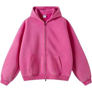Arssm Mens Oversized Zip Up Hoodies Jackets Fleece Vintage Acid Wash Cotton Heavyweight Distressed Sweatshirt(Pink)