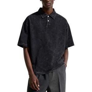 Arssm Mens Polo Shirts Acid Washed Cotton Overzied T Shirts Baggy Short Sleeve Vintage Polo Shirts(Black)