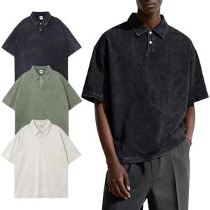 Arssm Mens Polo Shirts Acid Washed Cotton Overzied T Shirts Baggy Short Sleeve Vintage Polo Shirts(Black+beige+army)