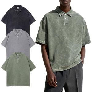 Arssm Mens Polo Shirts Acid Washed Cotton Overzied T Shirts Baggy Short Sleeve Vintage Polo Shirts(Black+grey+army)