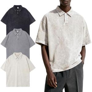Arssm Mens Polo Shirts Acid Washed Cotton Overzied T Shirts Baggy Short Sleeve Vintage Polo Shirts(Black+grey+beige)