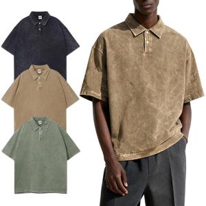 Arssm Mens Polo Shirts Acid Washed Cotton Overzied T Shirts Baggy Short Sleeve Vintage Polo Shirts(Black+khaki+army)