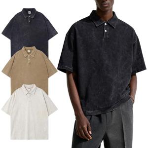 Arssm Mens Polo Shirts Acid Washed Cotton Overzied T Shirts Baggy Short Sleeve Vintage Polo Shirts(Black+khaki+beige)