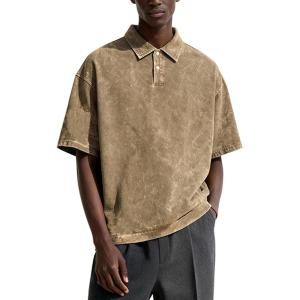 Arssm Mens Polo Shirts Acid Washed Cotton Overzied T Shirts Baggy Short Sleeve Vintage Polo Shirts(Khaki)
