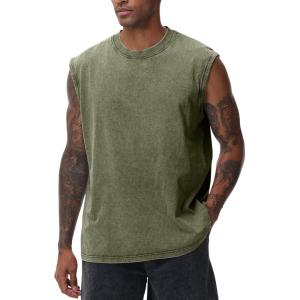 Arssm Sleeveless Shirts for Men Tank Tops Cotton Acid Wash Tees Muscle Workout Running Tank Tops(Army)
