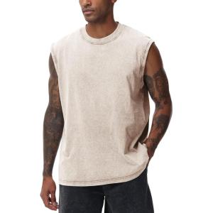 Arssm Sleeveless Shirts for Men Tank Tops Cotton Acid Wash Tees Muscle Workout Running Tank Tops(Beige)
