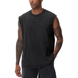 Arssm Sleeveless Shirts for Men Tank Tops Cotton Acid Wash Tees Muscle Workout Running Tank Tops(Black)