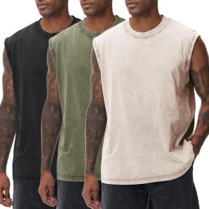 Arssm Sleeveless Shirts for Men Tank Tops Cotton Acid Wash Tees Muscle Workout Running Tank Tops(Black+beige+army)