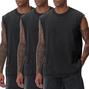 Arssm Sleeveless Shirts for Men Tank Tops Cotton Acid Wash Tees Muscle Workout Running Tank Tops(Black+black+black)