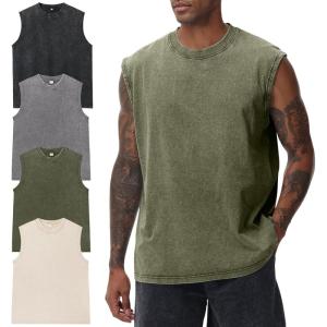 Arssm Sleeveless Shirts for Men Tank Tops Cotton Acid Wash Tees Muscle Workout Running Tank Tops(Black+grey+army+beige)