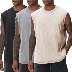 Arssm Sleeveless Shirts for Men Tank Tops Cotton Acid Wash Tees Muscle Workout Running Tank Tops(Black+grey+beige)