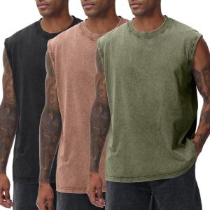 Arssm Sleeveless Shirts for Men Tank Tops Cotton Acid Wash Tees Muscle Workout Running Tank Tops(Black+khaki+army)
