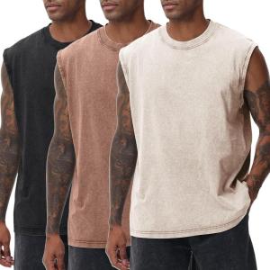 Arssm Sleeveless Shirts for Men Tank Tops Cotton Acid Wash Tees Muscle Workout Running Tank Tops(Black+khaki+beige)