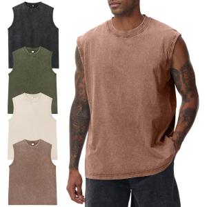 Arssm Sleeveless Shirts for Men Tank Tops Cotton Acid Wash Tees Muscle Workout Running Tank Tops(Black+khaki+beige+army)