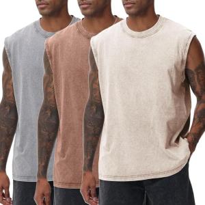 Arssm Sleeveless Shirts for Men Tank Tops Cotton Acid Wash Tees Muscle Workout Running Tank Tops(Grey+khaki+beige)