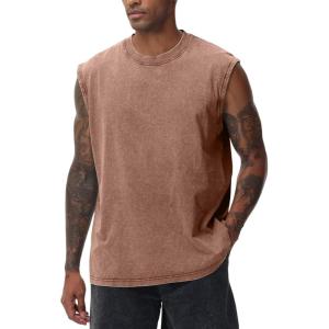 Arssm Sleeveless Shirts for Men Tank Tops Cotton Acid Wash Tees Muscle Workout Running Tank Tops(Khaki)