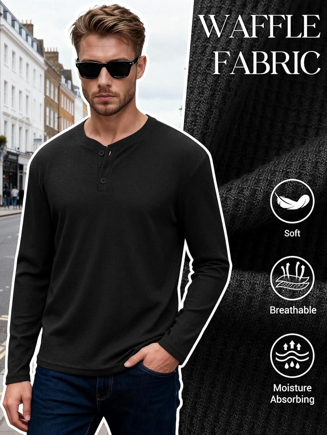image:imageArssm 3 Pack Mens Waffle Henley Shirts Long Sleeve Cotton Casual TShirts Lightweight Thermal UndershirtsBlack