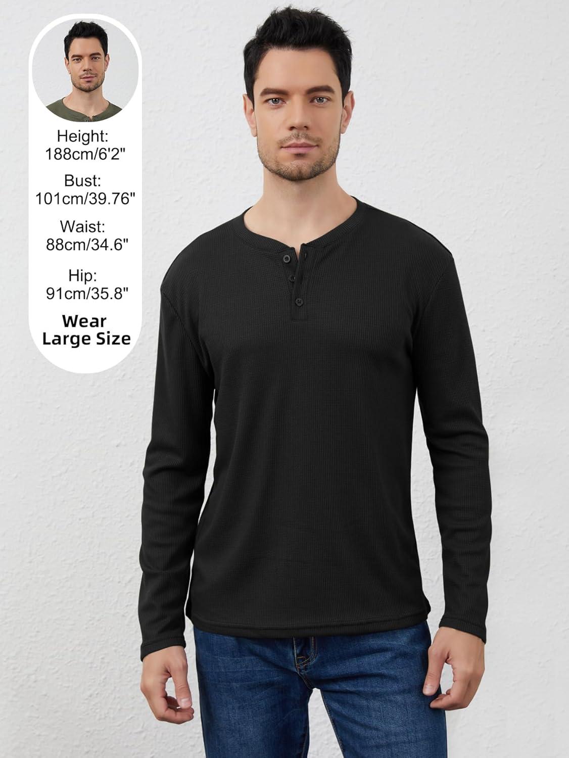 image:imageArssm 3 Pack Mens Waffle Henley Shirts Long Sleeve Cotton Casual TShirts Lightweight Thermal UndershirtsBlack