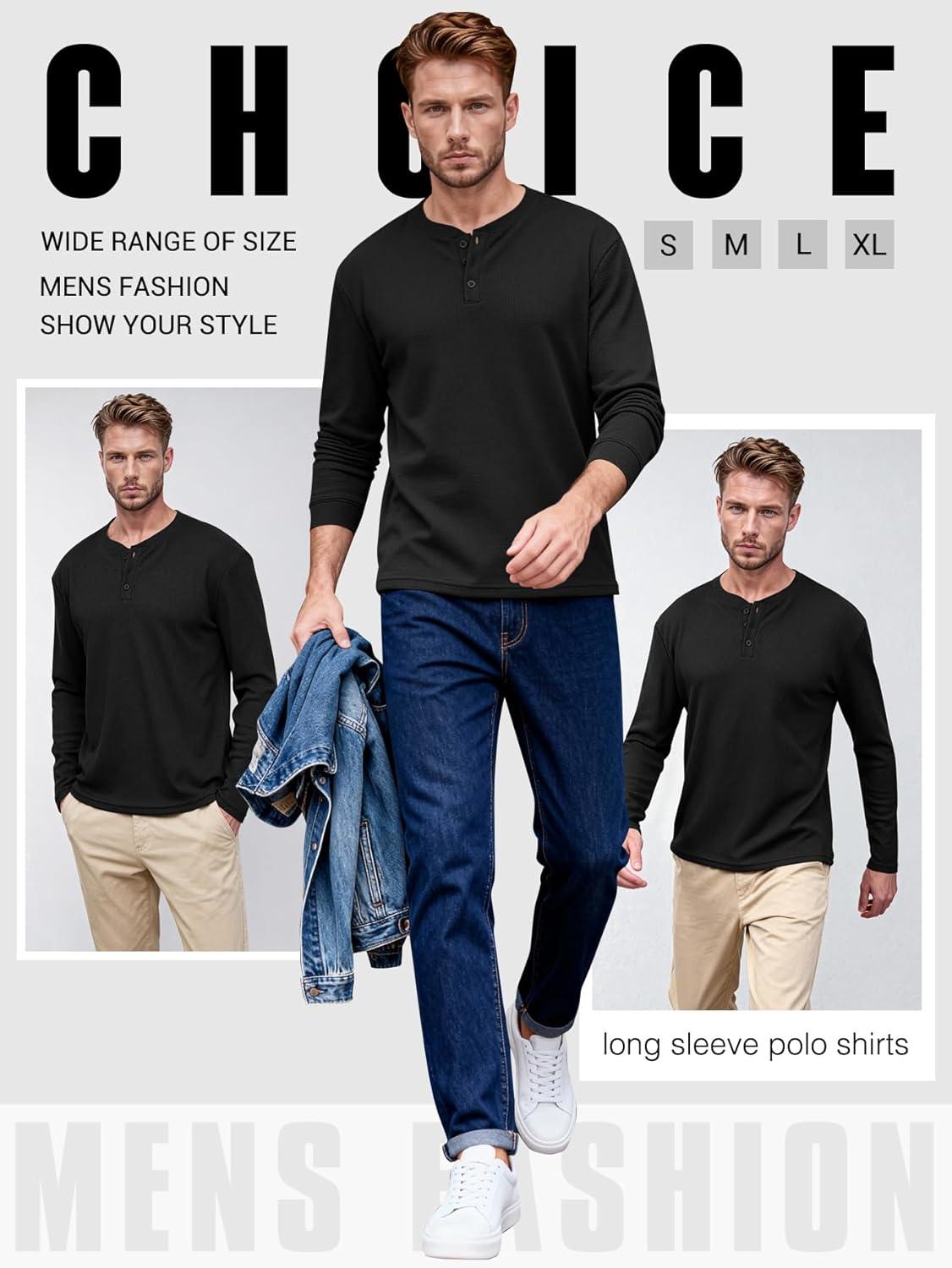 image:imageArssm 3 Pack Mens Waffle Henley Shirts Long Sleeve Cotton Casual TShirts Lightweight Thermal UndershirtsBlack