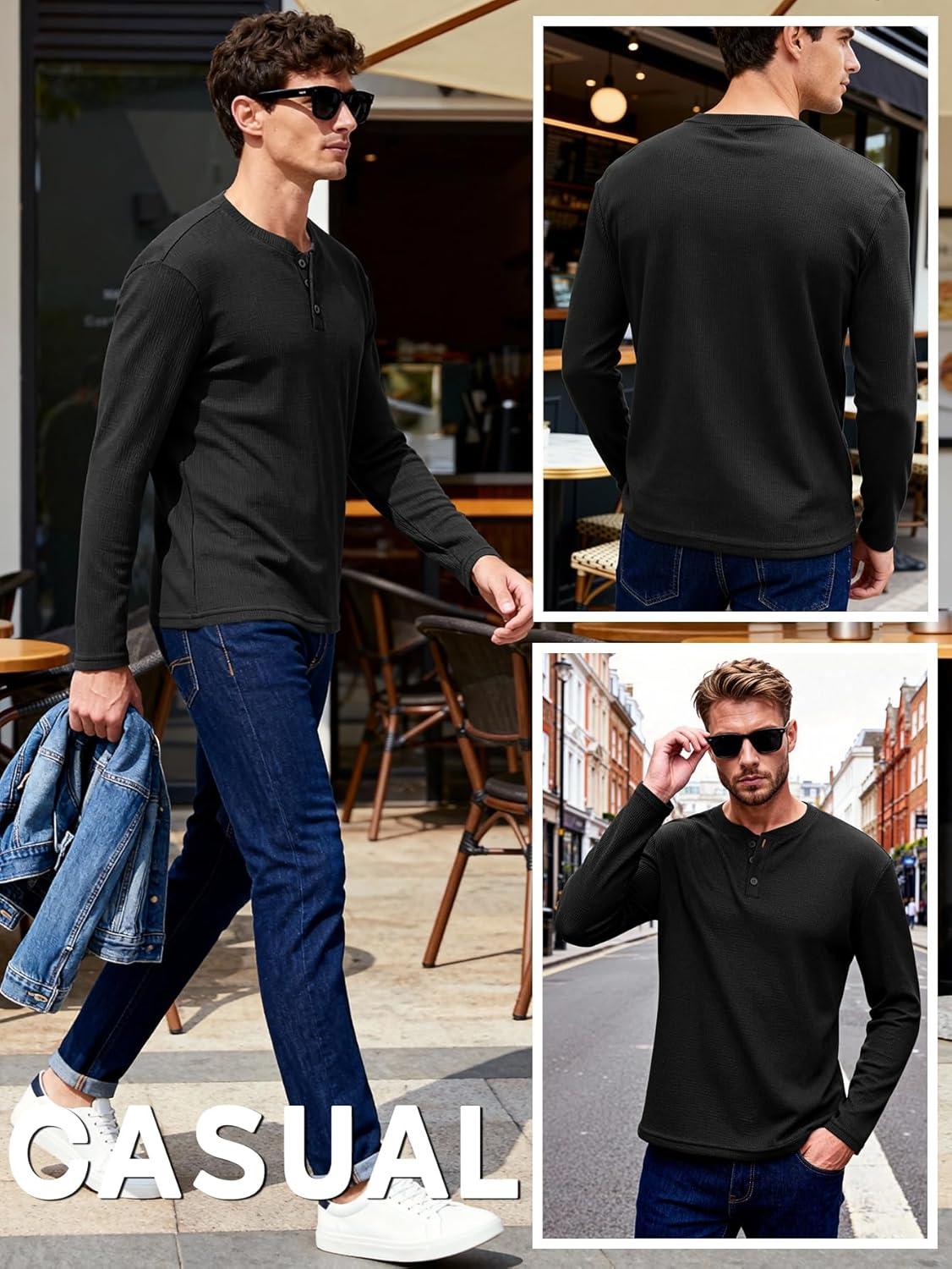 image:imageArssm 3 Pack Mens Waffle Henley Shirts Long Sleeve Cotton Casual TShirts Lightweight Thermal UndershirtsBlack