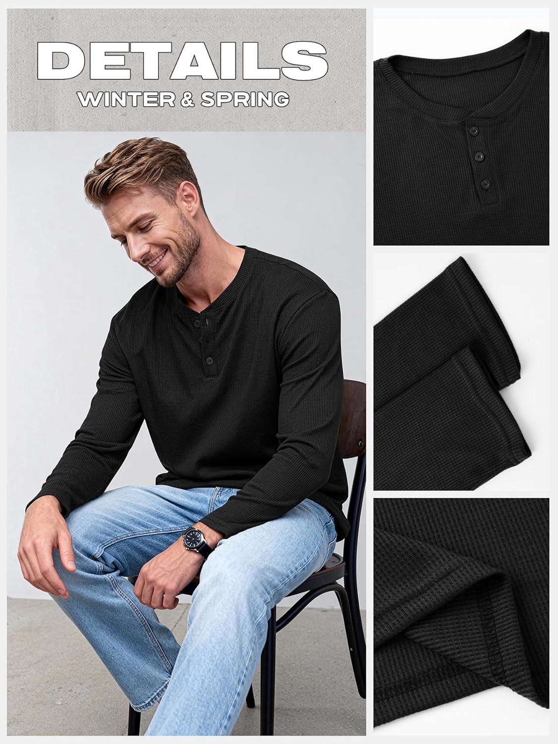 image:imageArssm 3 Pack Mens Waffle Henley Shirts Long Sleeve Cotton Casual TShirts Lightweight Thermal UndershirtsBlack