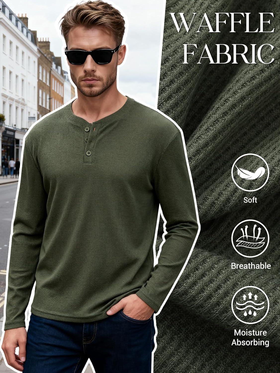 image:imageArssm 3 Pack Mens Waffle Henley Shirts Long Sleeve Cotton Casual TShirts Lightweight Thermal UndershirtsBlackarmynavy