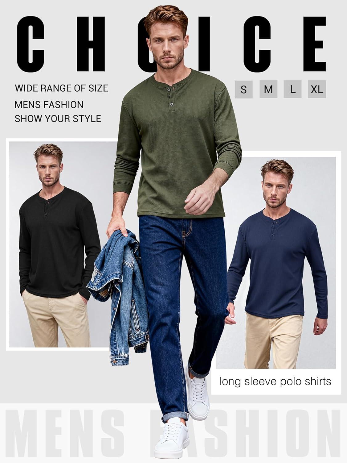 image:imageArssm 3 Pack Mens Waffle Henley Shirts Long Sleeve Cotton Casual TShirts Lightweight Thermal UndershirtsBlackarmynavy