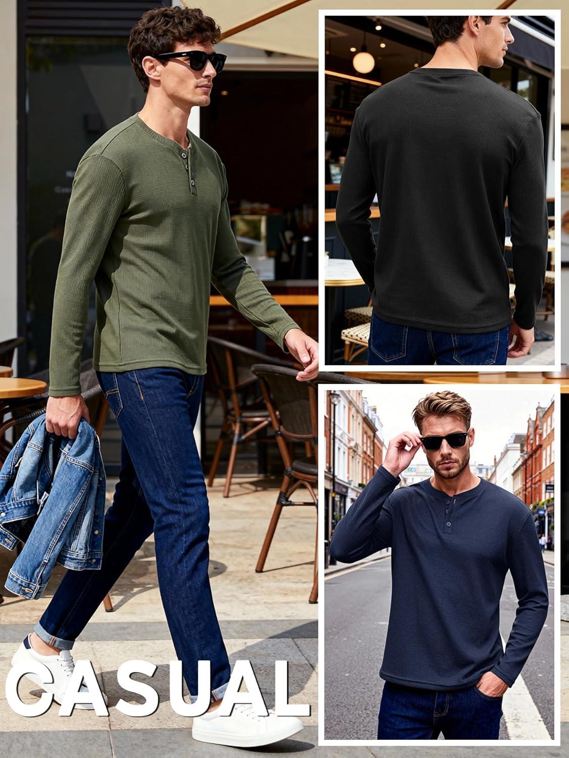 image:imageArssm 3 Pack Mens Waffle Henley Shirts Long Sleeve Cotton Casual TShirts Lightweight Thermal UndershirtsBlackarmynavy