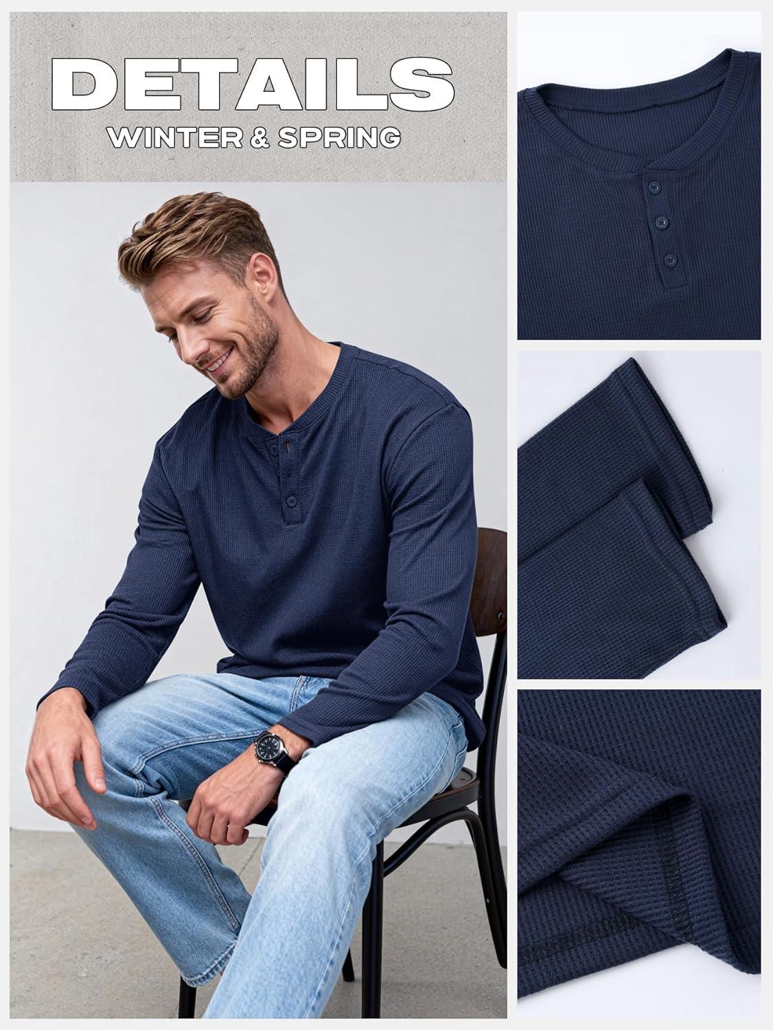 image:imageArssm 3 Pack Mens Waffle Henley Shirts Long Sleeve Cotton Casual TShirts Lightweight Thermal UndershirtsBlackarmynavy
