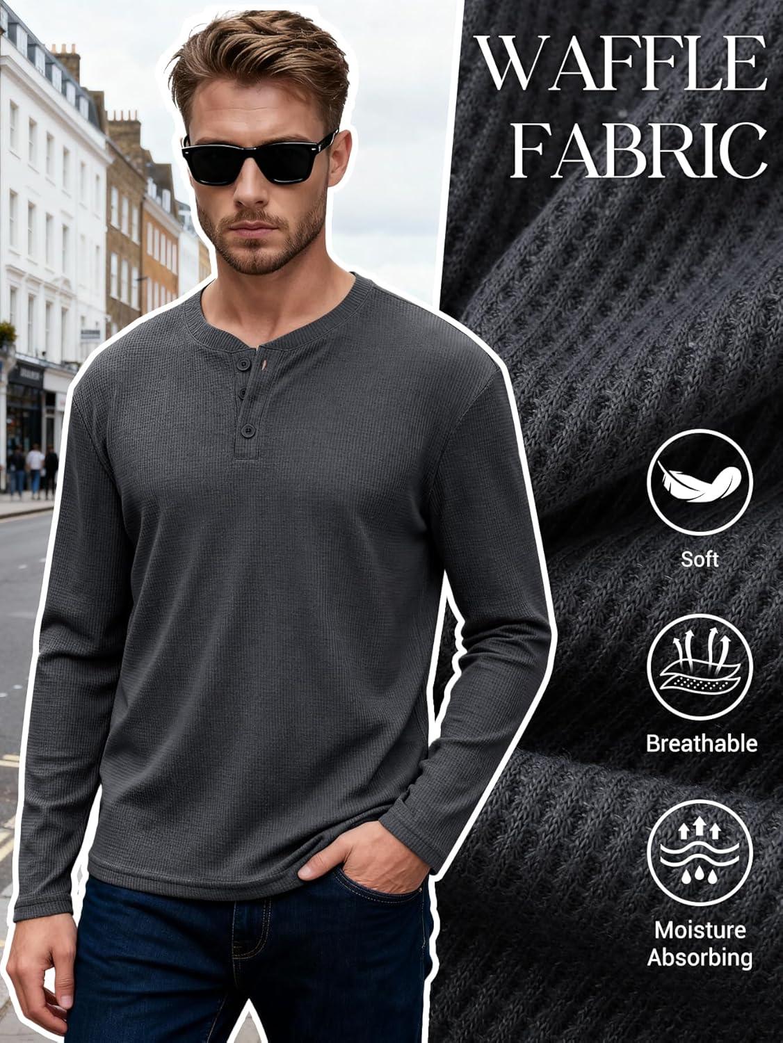 image:imageArssm 3 Pack Mens Waffle Henley Shirts Long Sleeve Cotton Casual TShirts Lightweight Thermal UndershirtsBlackdarkgreylightgrey