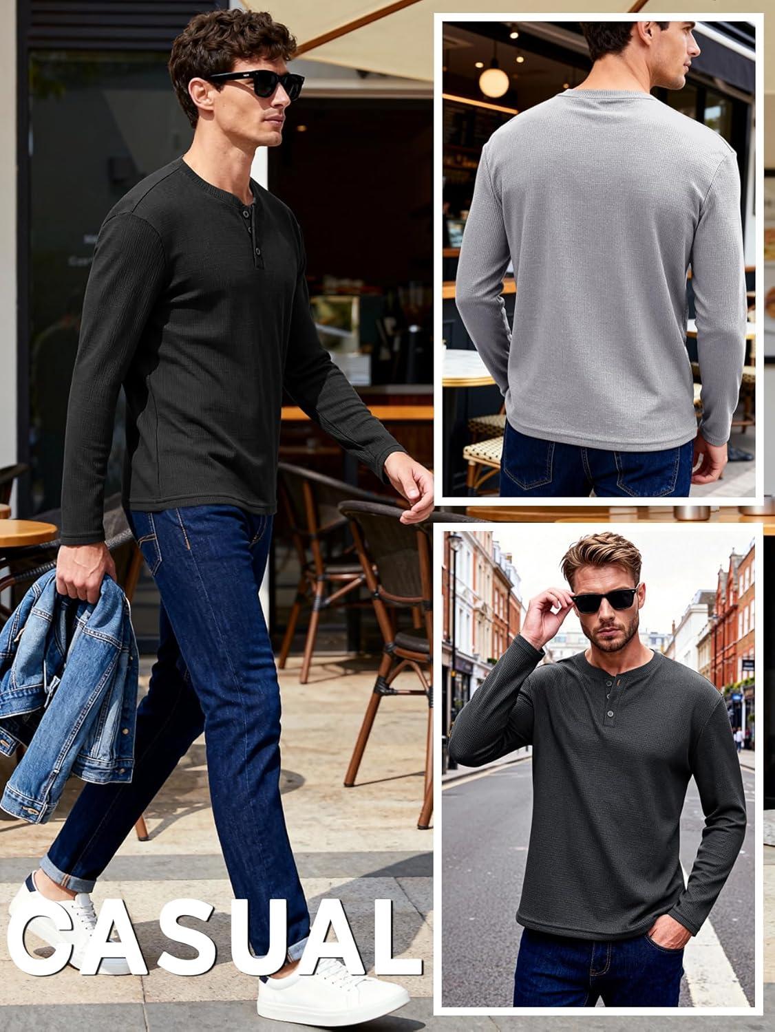 image:imageArssm 3 Pack Mens Waffle Henley Shirts Long Sleeve Cotton Casual TShirts Lightweight Thermal UndershirtsBlackdarkgreylightgrey