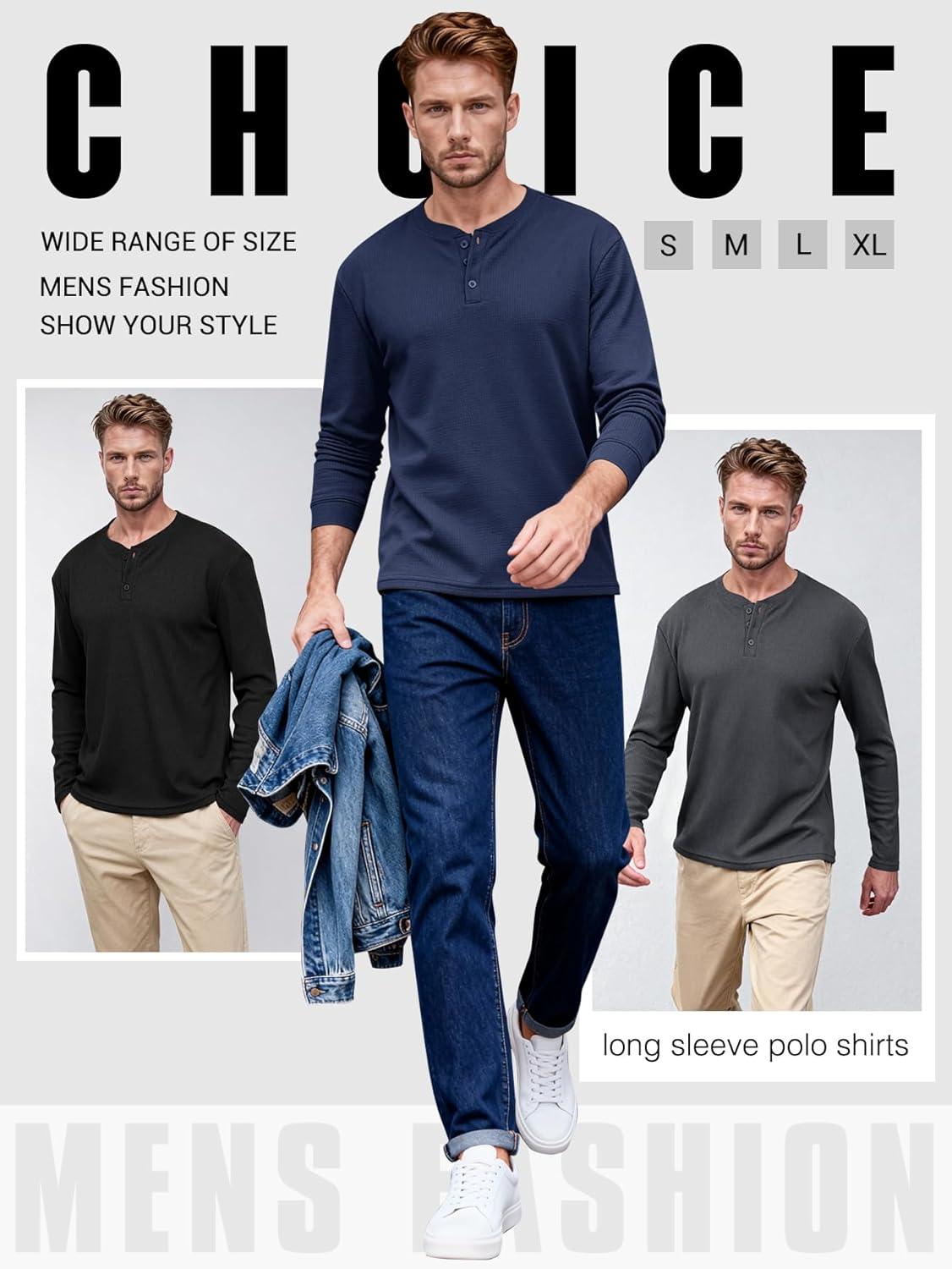 image:imageArssm 3 Pack Mens Waffle Henley Shirts Long Sleeve Cotton Casual TShirts Lightweight Thermal UndershirtsBlackdarkgreynavy