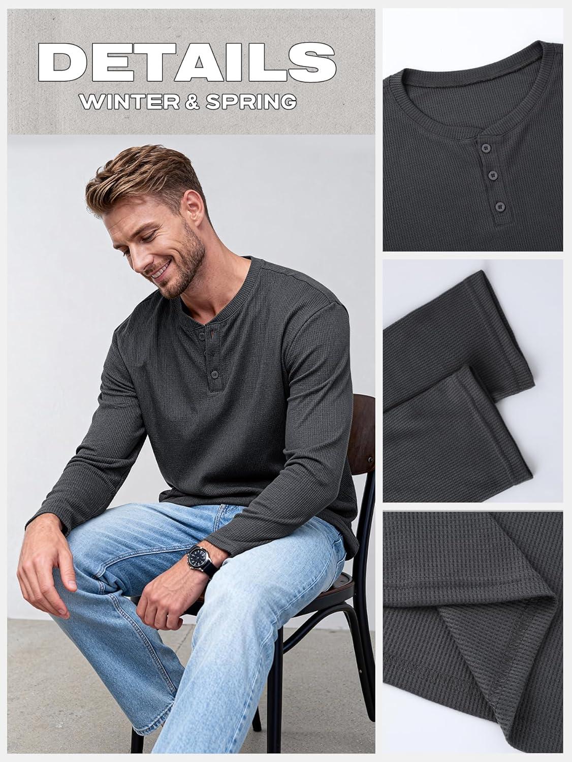 image:imageArssm 3 Pack Mens Waffle Henley Shirts Long Sleeve Cotton Casual TShirts Lightweight Thermal UndershirtsBlackdarkgreynavy