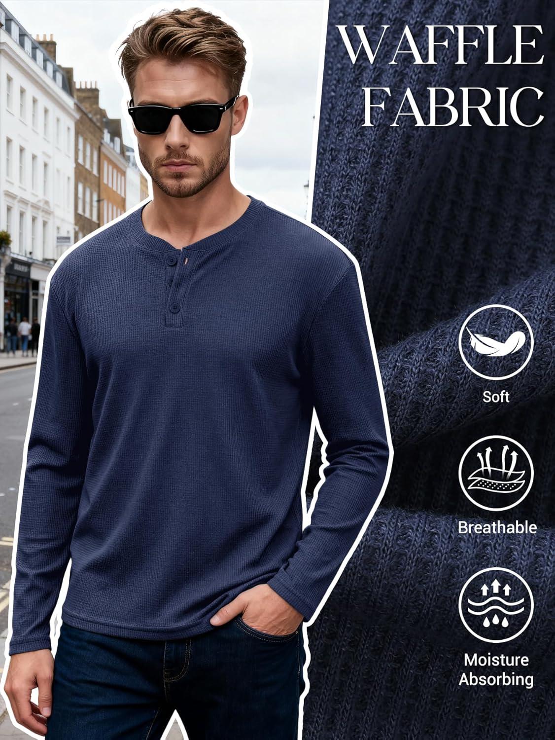 image:imageArssm 3 Pack Mens Waffle Henley Shirts Long Sleeve Cotton Casual TShirts Lightweight Thermal UndershirtsBlackdarkgreynavy