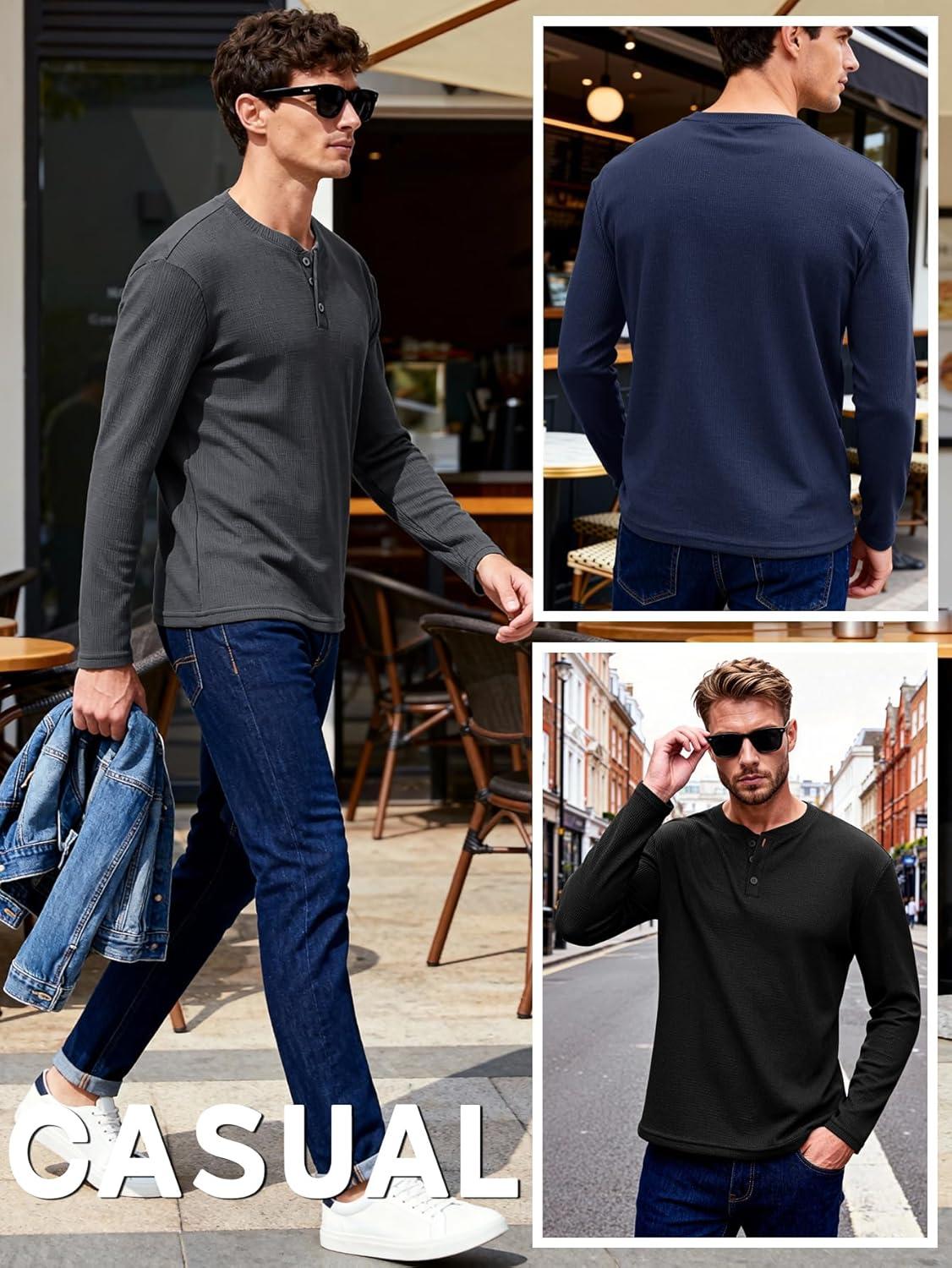 image:imageArssm 3 Pack Mens Waffle Henley Shirts Long Sleeve Cotton Casual TShirts Lightweight Thermal UndershirtsBlackdarkgreynavy