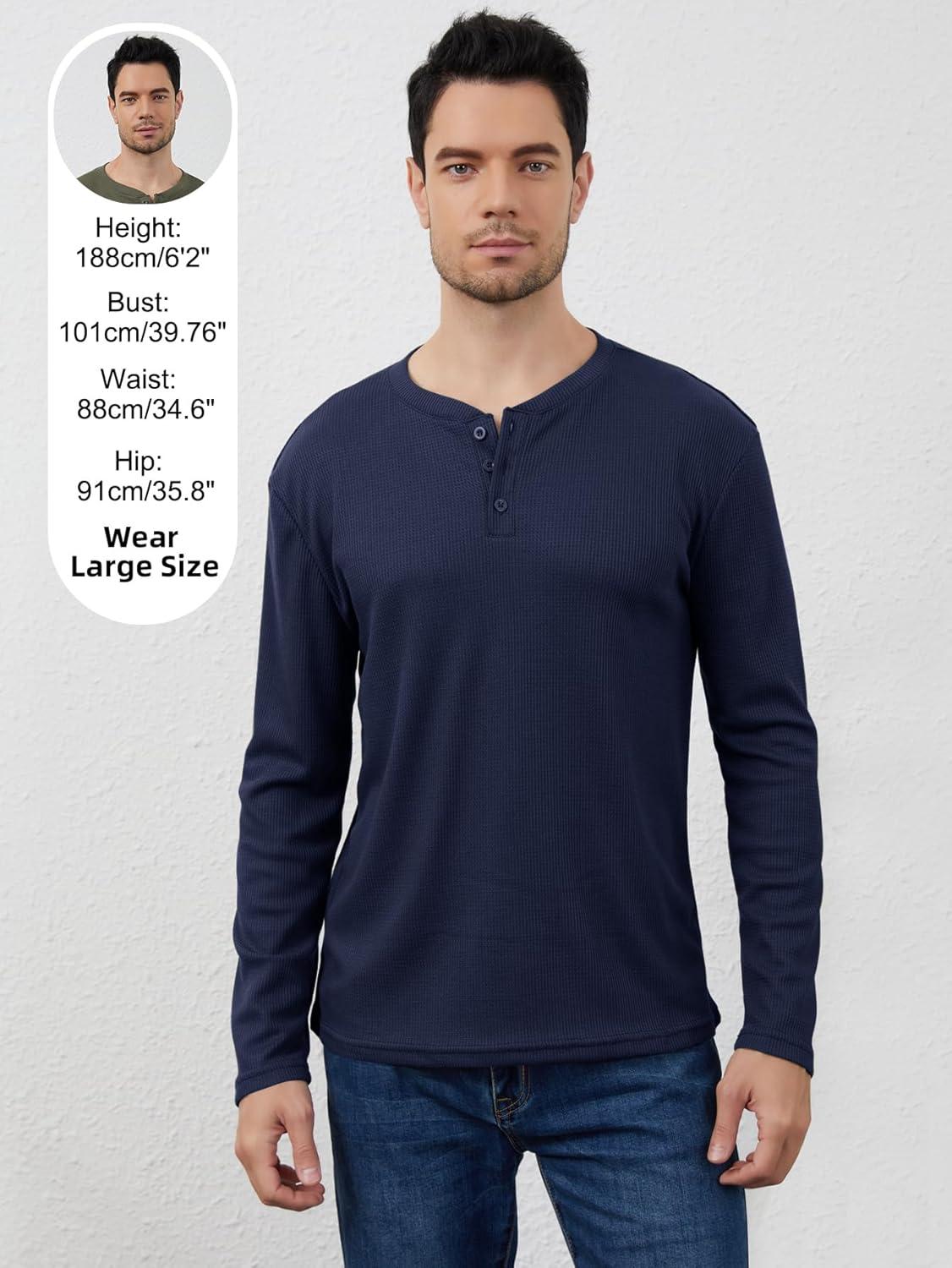 image:imageArssm 3 Pack Mens Waffle Henley Shirts Long Sleeve Cotton Casual TShirts Lightweight Thermal UndershirtsBlackdarkgreynavy