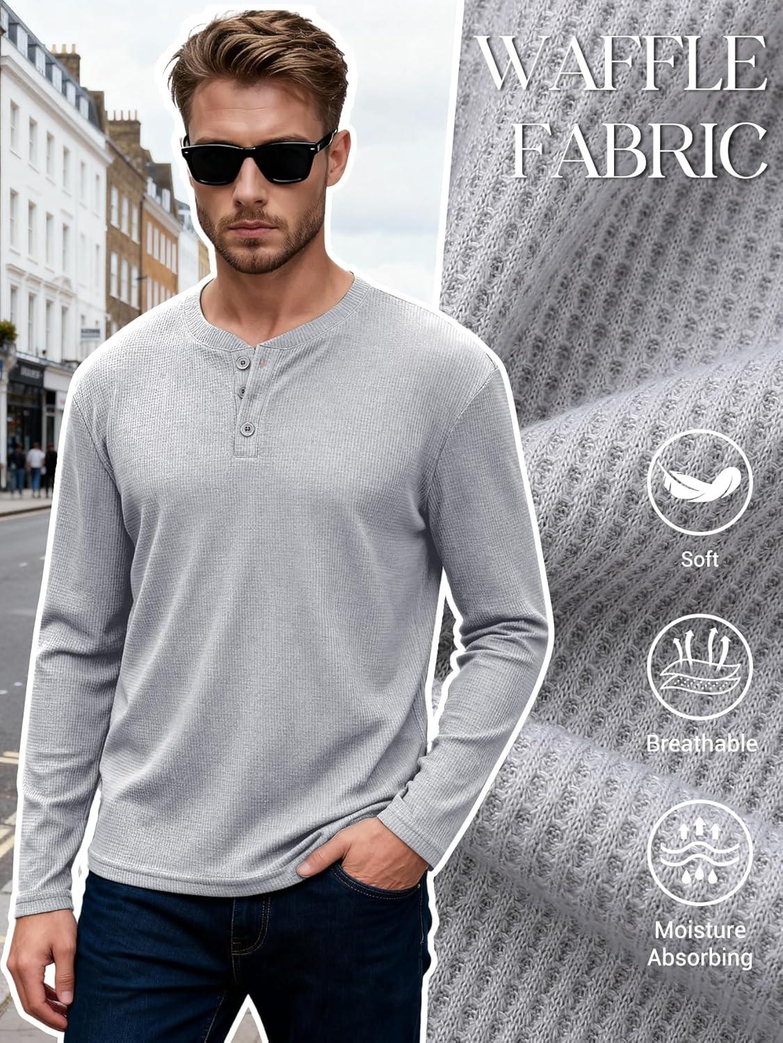image:imageArssm 3 Pack Mens Waffle Henley Shirts Long Sleeve Cotton Casual TShirts Lightweight Thermal UndershirtsBlacklightgreyarmy