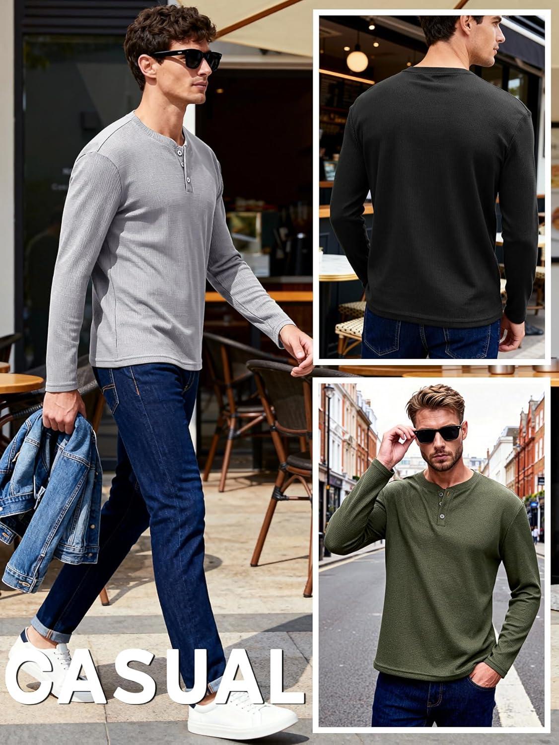 image:imageArssm 3 Pack Mens Waffle Henley Shirts Long Sleeve Cotton Casual TShirts Lightweight Thermal UndershirtsBlacklightgreyarmy